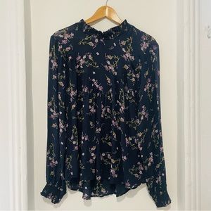 Faux Pearl Button Back Floral Print Long Sleeved Top